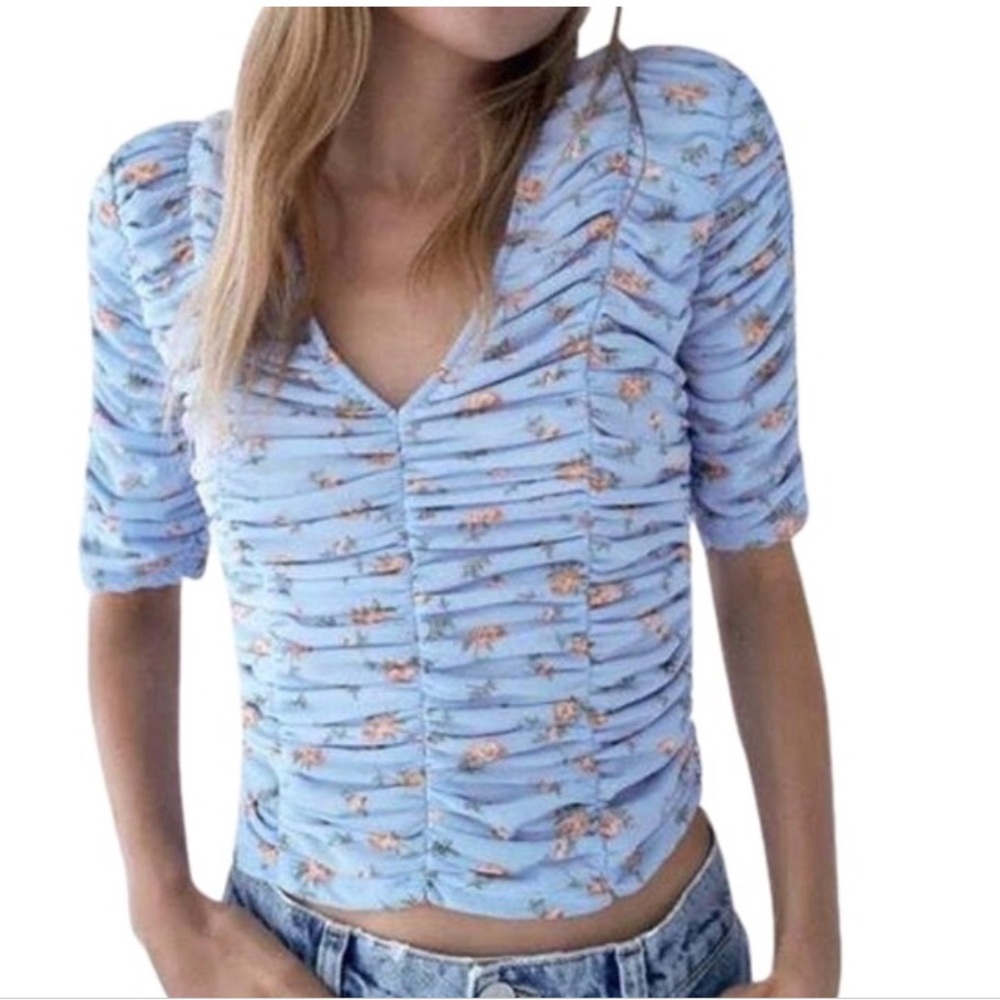 ZARA Floral Ruched Tulle V-neck Half Sleeve